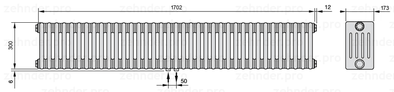 Схема (чертеж) Радиатор Zehnder Charleston 5030/37 №3470 Белый глянцевый RAL 9016
